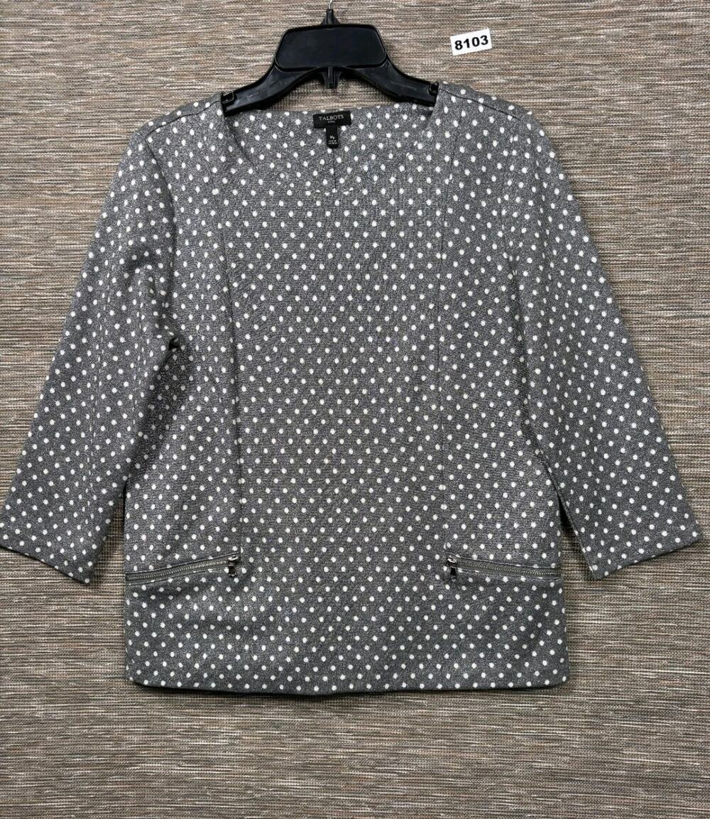 Talbots Shirt Womens PM Gray Sparkley White Dots Classic Timeless Faux Pockets
